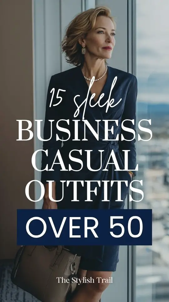 A woman over 50 wears a business casual outfit with navy wrap dress with long sleeves and pumps