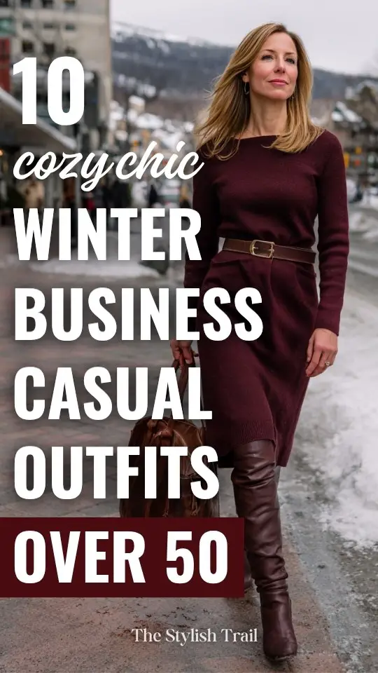 A woman over 50 wears a winter business casual outfit with a burgundy wool dress with a belt at the waist and knee-high boots