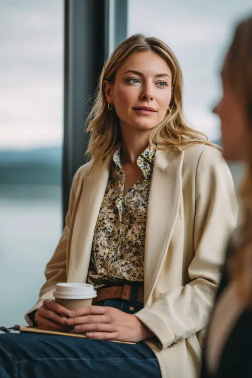 A woman wears a beige blazer over a printed blouse and dark jeans with pumps, holding a notebook and coffee cup while chatting with a colleague near a window 
