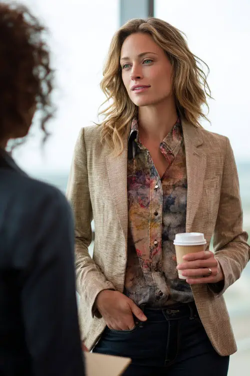 A woman wears a beige blazer over a printed blouse and dark jeans with pumps, holding a notebook and coffee cup while chatting with a colleague near a window