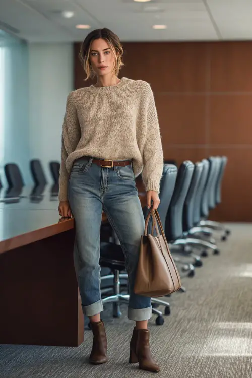 A woman wears a beige knit sweater tucked into cuffed blue jeans with heeled ankle boots, accessorized with a brown belt and tote bag, standing near a conference table