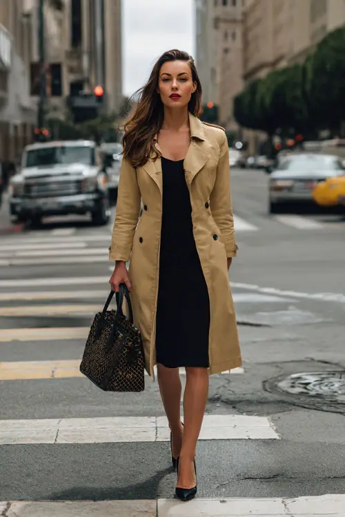 A woman wears a beige trench coat over a black sheath dress with pointed-toe pumps, carrying a structured tote while walking across a city crosswalk