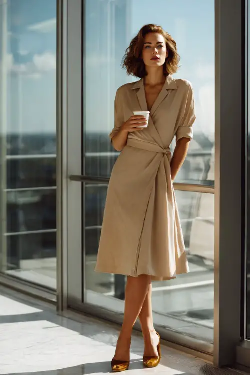 A woman wears a beige wrap dress with a slim belt and block-heel sandals, holding a coffee cup while standing near a large office window with sunlight streaming in
