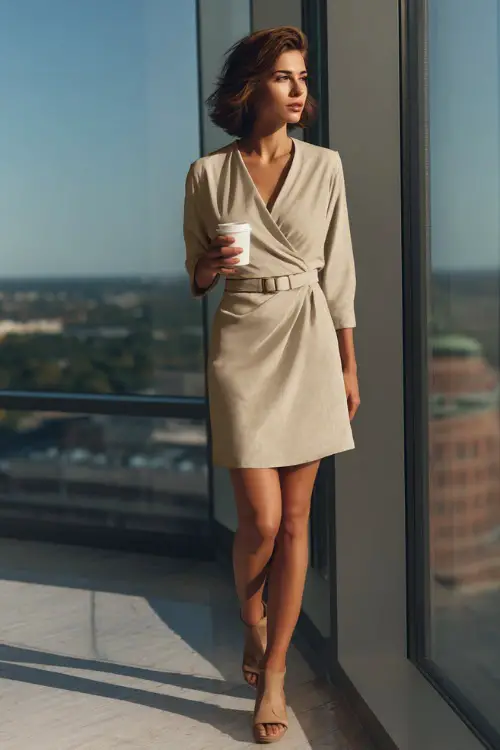 A woman wears a beige wrap dress with a slim belt and block-heel sandals, holding a coffee cup while standing near a large office window with sunlight streaming in