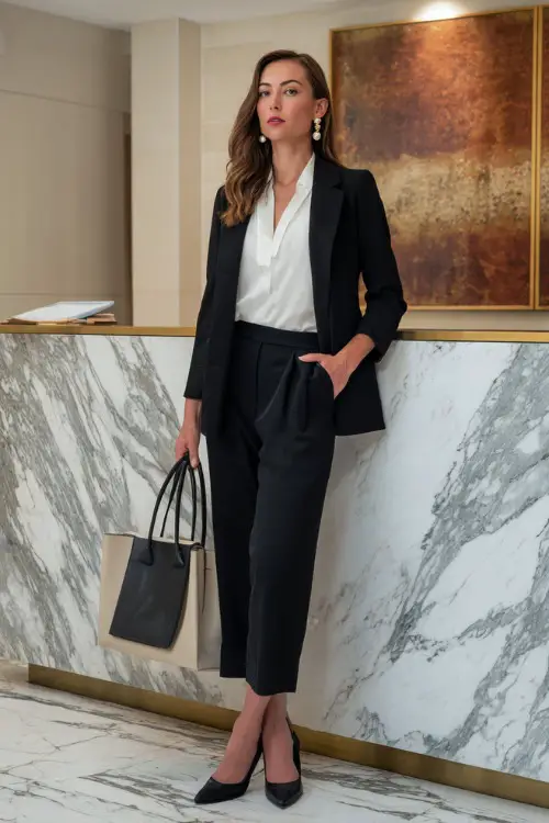 A woman wears a black blazer layered over a white blouse with high-waist trousers and classic pumps, accessorized with pearl earrings and a leather tote