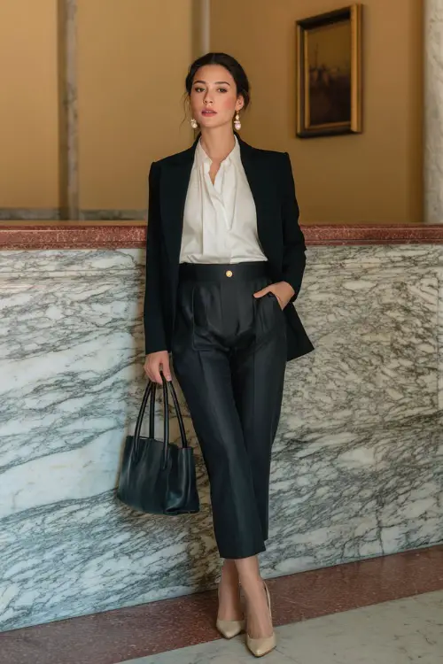 A woman wears a black blazer layered over a white blouse with high-waist trousers and classic pumps, accessorized with pearl earrings and a leather tote