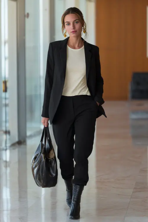 A woman wears a black blazer over a cream knit top and tailored trousers, accessorized with heeled boots and gold earrings, walking confidently through a glass office lobby 