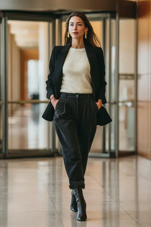 A woman wears a black blazer over a cream knit top and tailored trousers, accessorized with heeled boots and gold earrings, walking confidently through a glass office lobby