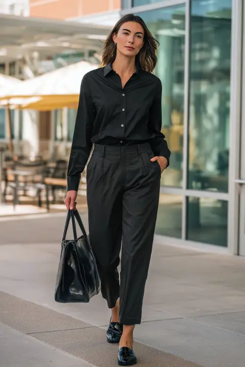 A woman wears a black button-up shirt with straight black trousers and patent loafers, holding a laptop bag while crossing an urban office plaza 