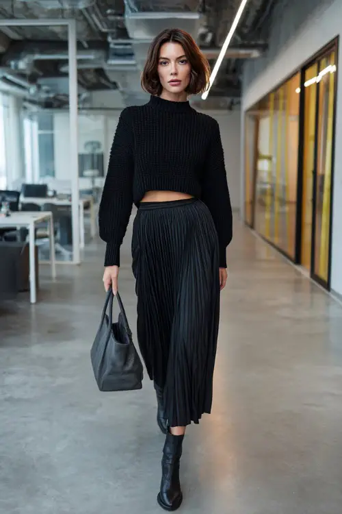 A woman wears a black cropped sweater layered over a long black pleated skirt with ankle boots