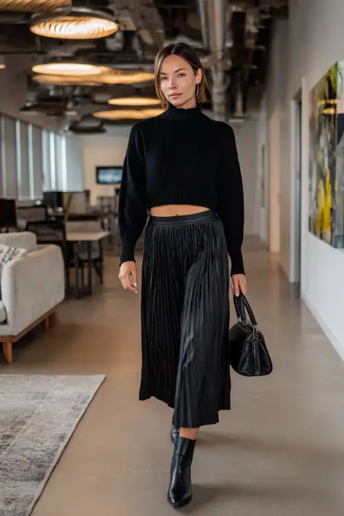 A woman wears a black cropped sweater layered over a long black pleated skirt with ankle boots 
