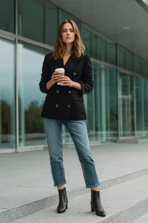 A woman wears a black double-breasted blazer with straight-leg jeans and ankle boots, holding a coffee cup while standing outside a modern office building