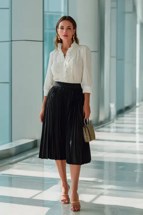 A woman wears a black pleated midi skirt with a white ruffled blouse and heeled sandals, accessorized with a small handbag and gold hoop earrings, standing in a bright corporate hallway
