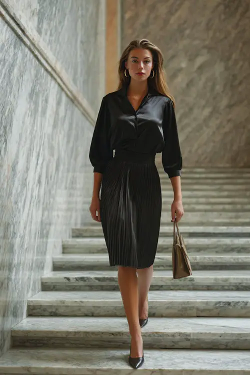 A woman wears a black satin blouse tucked into a black pleated midi skirt with slingback heels, carrying a structured handbag while walking down a marble office staircase 