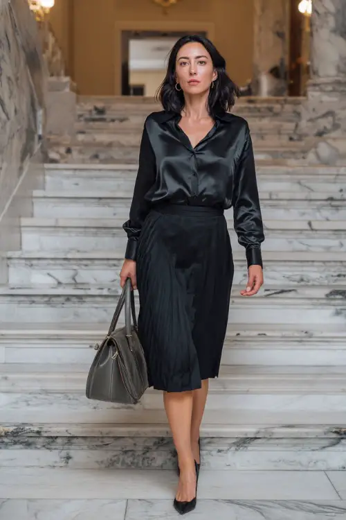 A woman wears a black satin blouse tucked into a black pleated midi skirt with slingback heels, carrying a structured handbag while walking down a marble office staircase