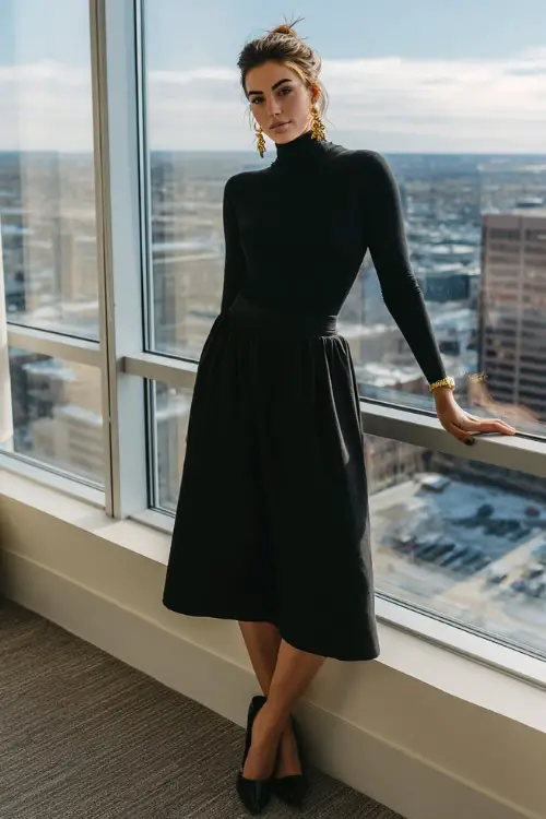 A woman wears a black turtleneck tucked into a black midi skirt with heeled loafers, accessorized with gold earrings and a watch 