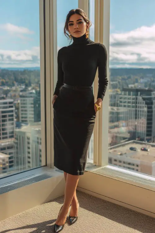 A woman wears a black turtleneck tucked into a black midi skirt with heeled loafers, accessorized with gold earrings and a watch