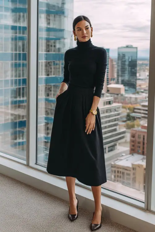 A woman wears a black turtleneck tucked into a black midi skirt with heeled loafers, accessorized with gold earrings and a watch