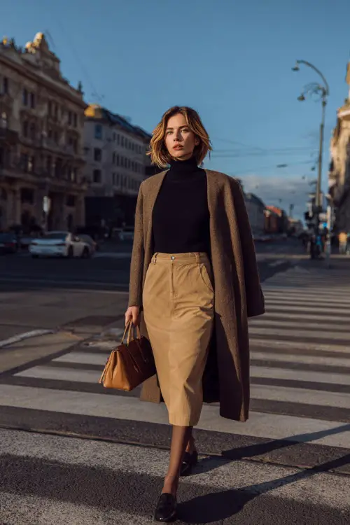 A woman wears a black turtleneck tucked into a tan midi skirt with tights and loafers, accessorized with a long wool coat and handbag 