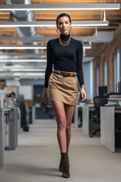A woman wears a black turtleneck tucked into a tan pencil skirt with heeled ankle boots, accessorized with a slim belt and gold necklace, walking across an open-plan office