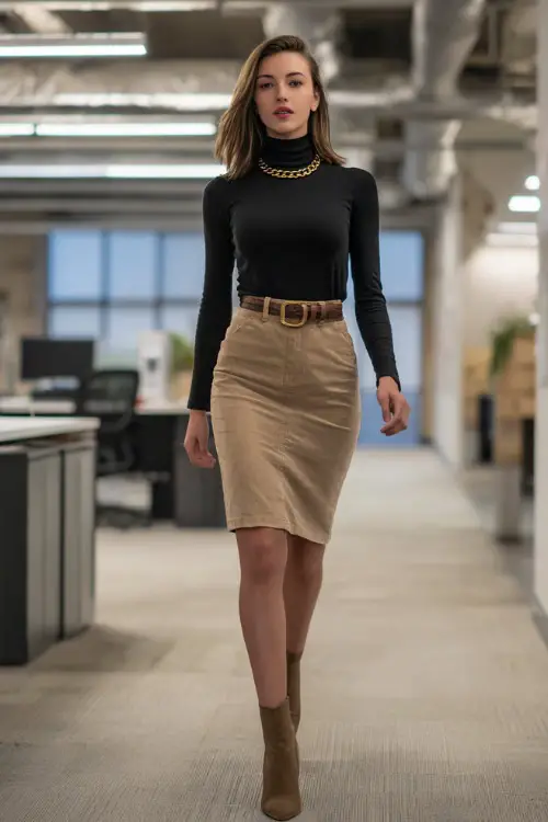 A woman wears a black turtleneck tucked into a tan pencil skirt with heeled ankle boots, accessorized with a slim belt and gold necklace, walking across an open-plan office