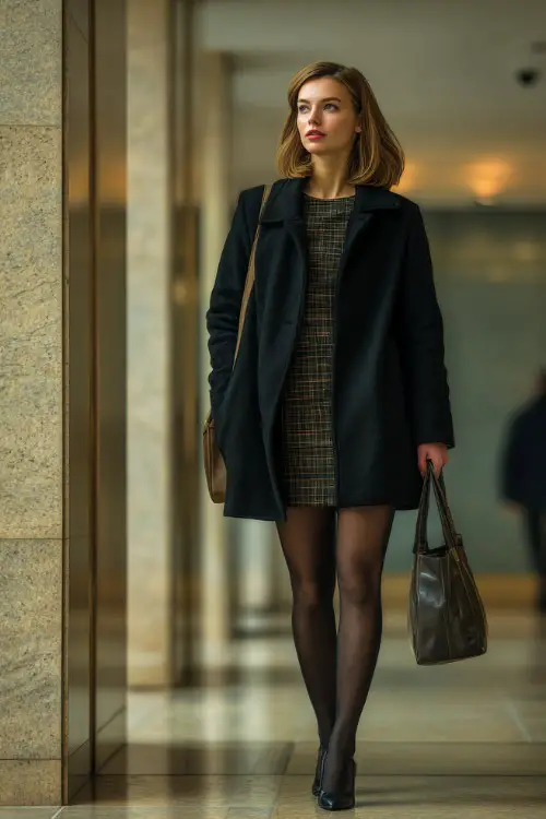 A woman wears a black wool coat layered over a plaid dress with tights and pumps, carrying a structured bag while entering an office lobby