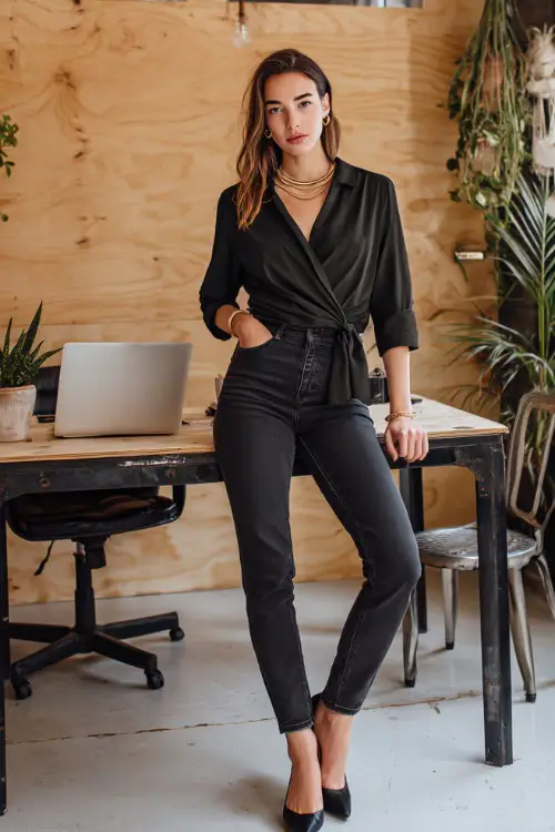 A woman wears a black wrap blouse with tailored black jeans and slingback heels, accessorized with a minimalist necklace, standing beside a desk with a laptop and plants