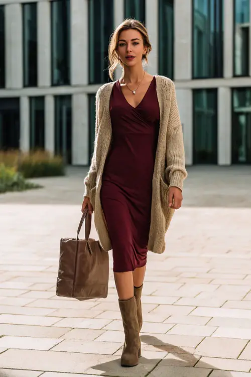 A woman wears a burgundy midi dress with a beige cardigan and suede boots, carrying a structured handbag while walking across an office courtyard