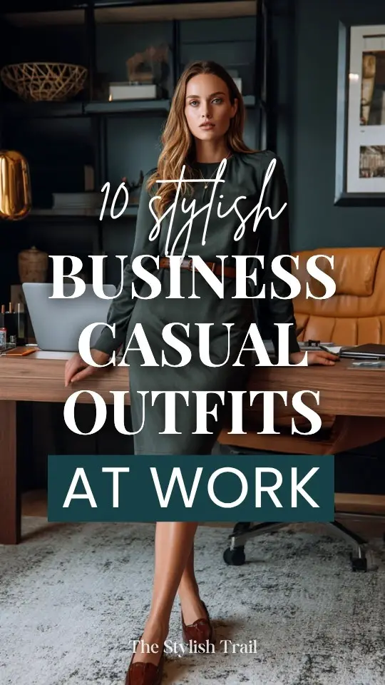 A woman wears a business casual outfit at work with a dark green midi dress with long sleeves, paired with a brown belt and heeled loafers