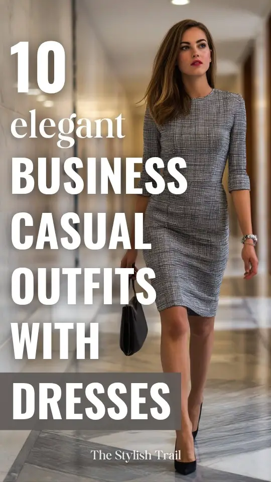 A woman wears a business casual outfit with gray checkered dress, paired with black pumps and a minimalist handbag