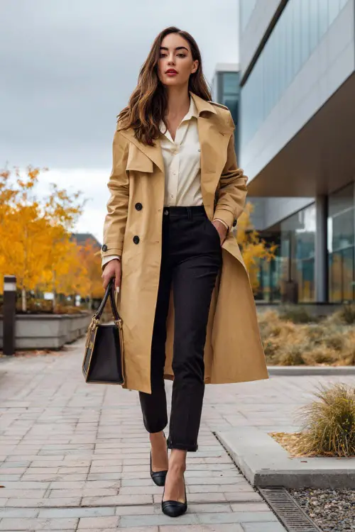 A woman wears a camel trench coat layered over a cream blouse and black slim trousers with heeled loafers 