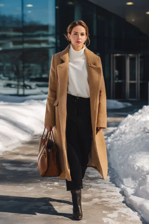 A woman wears a camel wool coat layered over a white turtleneck and black trousers with ankle boots 