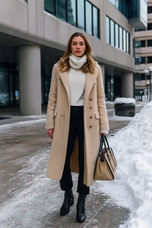A woman wears a camel wool coat layered over a white turtleneck and black trousers with ankle boots