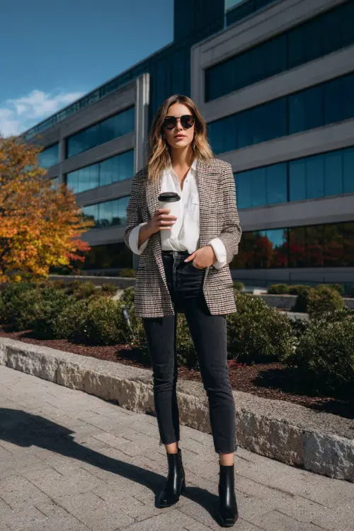 A woman wears a checkered blazer layered over a white blouse and black jeans with ankle boots