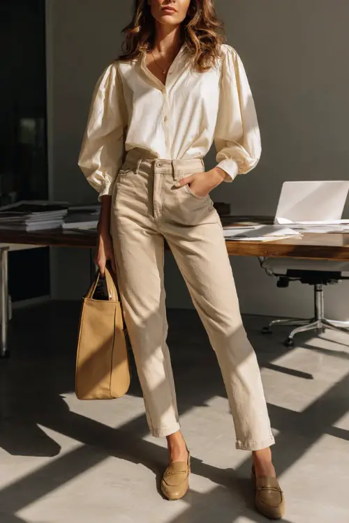 A woman wears a cream blouse with puff sleeves tucked into high-waist straight jeans and tan loafers, holding a laptop bag while standing near a desk in a bright office space