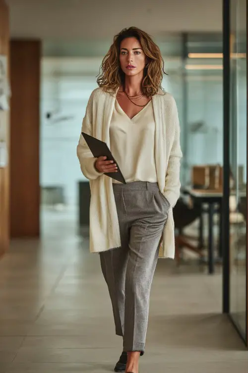A woman wears a cream cardigan layered over a silk cami with grey tailored trousers and loafers, holding a tablet while walking through an open-plan office