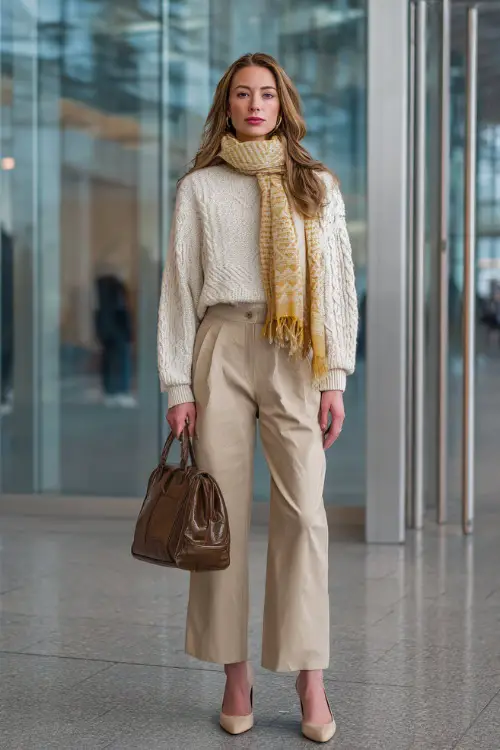 A woman wears a cream knit sweater with beige wide-leg trousers and pointed heels, accessorized with a scarf and leather handbag 