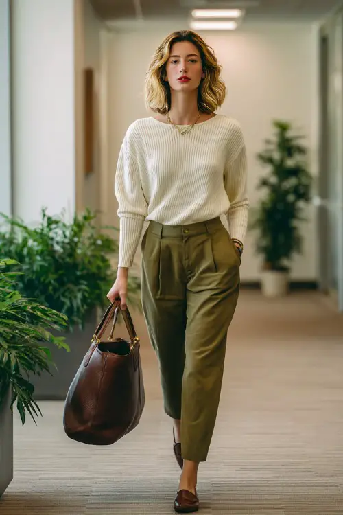 A woman wears a cream knit top tucked into olive trousers with loafers, accessorized with a gold necklace and leather tote, walking through an office hallway decorated with plants