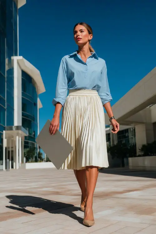 A woman wears a cream pleated skirt with a light blue blouse tucked in and beige heels, holding a laptop and handbag while walking through a sunny business district