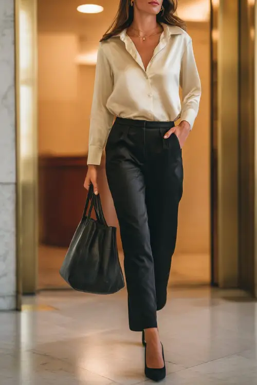 A woman wears a cream silk blouse tucked into black straight-leg trousers with pointed heels, carrying a leather tote while entering a bright corporate lobby