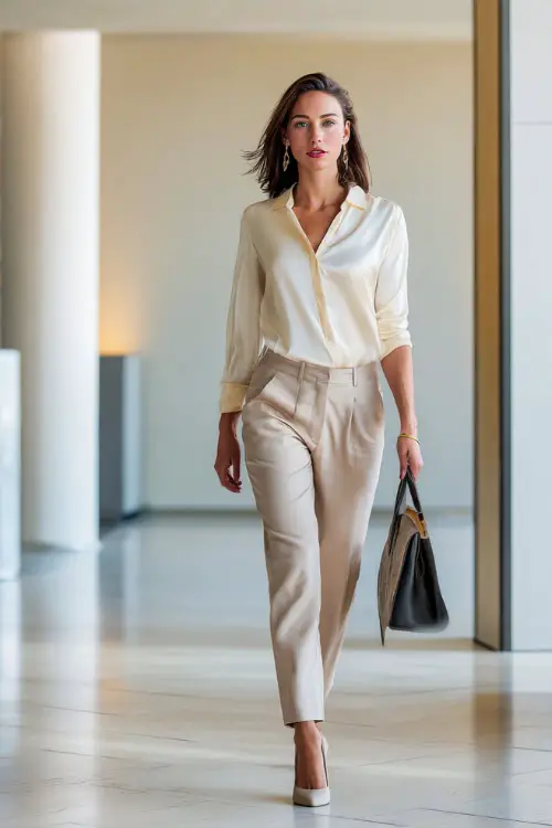 A woman wears a cream silk blouse tucked into tailored beige trousers with pointed heels, carrying a structured handbag while walking through a bright