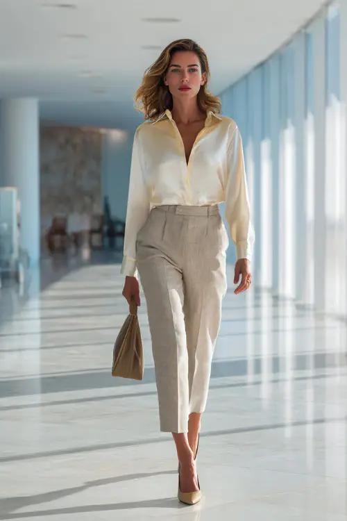 A woman wears a cream silk blouse tucked into tailored beige trousers with pointed heels, carrying a structured handbag while walking through a bright