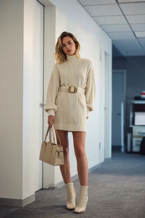 A woman wears a cream sweater dress belted at the waist with ankle boots, carrying a structured tote while standing in an office with minimal decor 