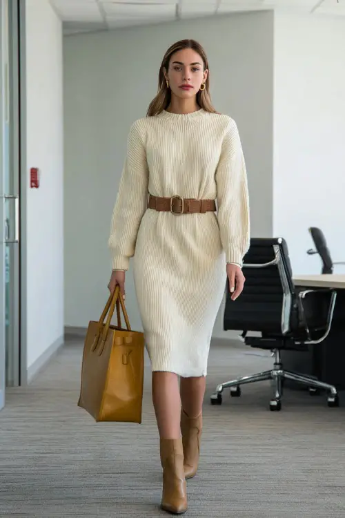 A woman wears a cream sweater dress belted at the waist with ankle boots, carrying a structured tote while standing in an office with minimal decor 