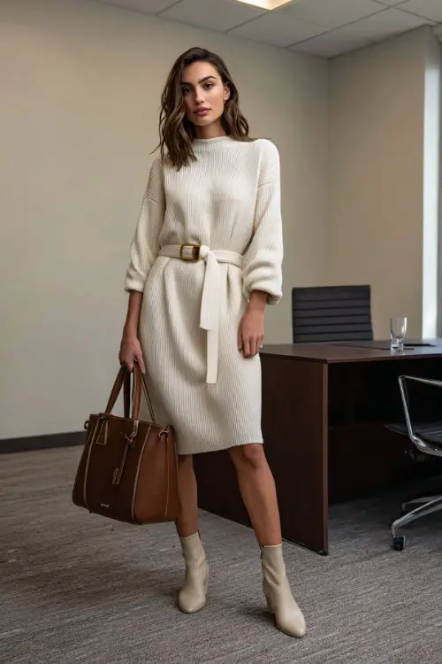 A woman wears a cream sweater dress belted at the waist with ankle boots, carrying a structured tote while standing in an office with minimal decor