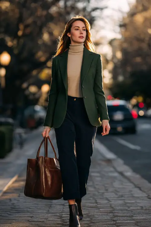A woman wears a dark green blazer over a beige turtleneck and navy trousers with ankle boots, carrying a leather tote while walking through a tree-lined city street 