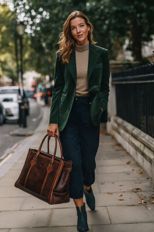 A woman wears a dark green blazer over a beige turtleneck and navy trousers with ankle boots, carrying a leather tote while walking through a tree-lined city street