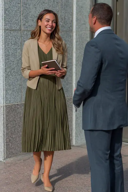 A woman wears a dark green pleated midi dress with a cropped beige blazer and slingback heels, holding a notebook while talking with a coworker 