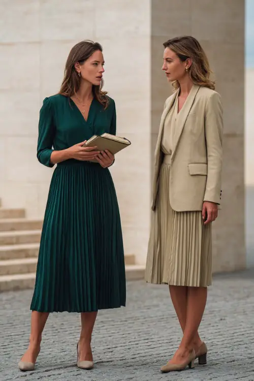 A woman wears a dark green pleated midi dress with a cropped beige blazer and slingback heels, holding a notebook while talking with a coworker