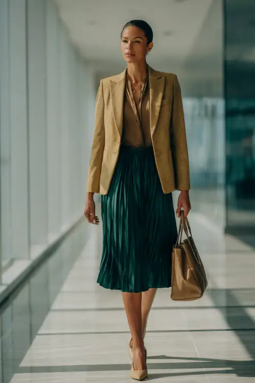 A woman wears a dark green pleated skirt with a camel blazer and tan pumps, carrying a handbag while walking down a glass office corridor,